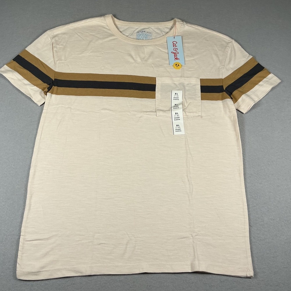 Cat & Jack Boys XL 14 Striped Pocket T-Shirt Cream Brown Black New